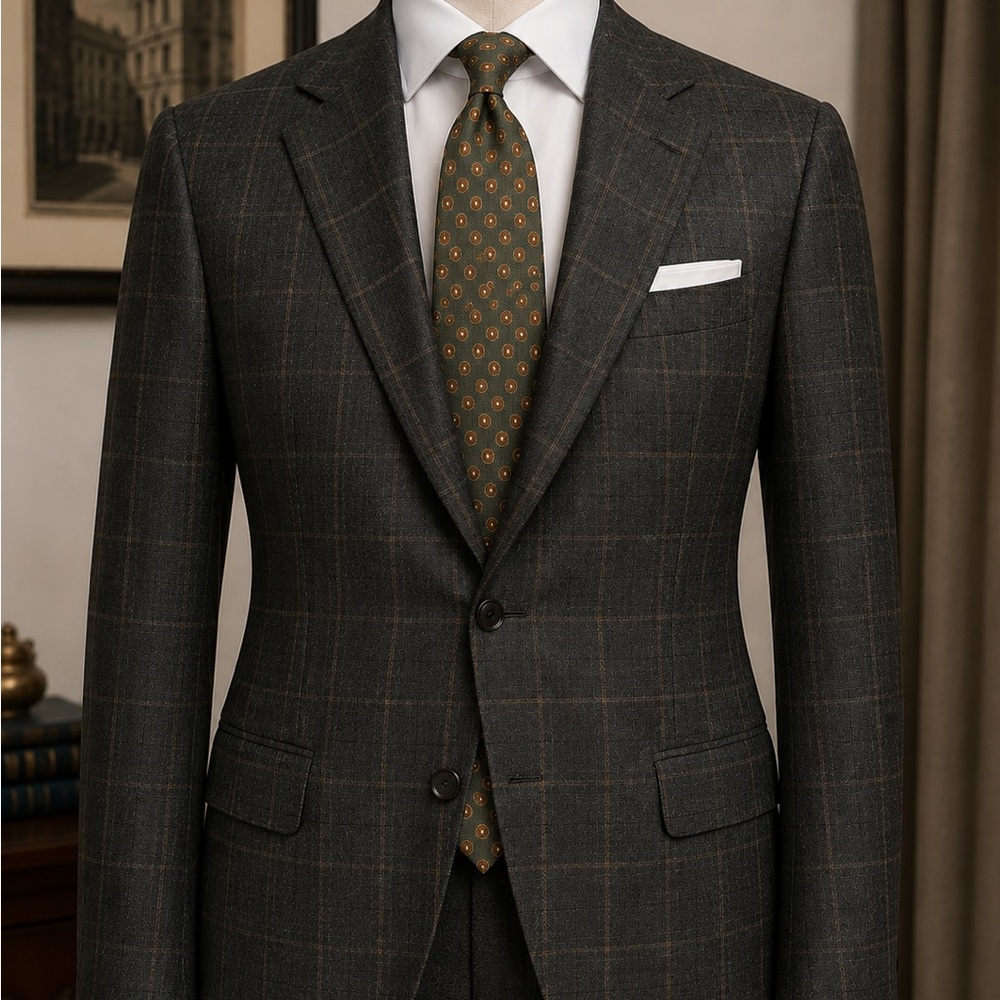 Kiton Charcoal Plaid Cashmere Blend Suit Jacket with Subtle Brown Windowpane
